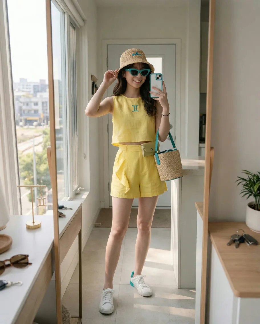 Sunny Vacation Vibes: Gemini Linen Set & Straw Cloche