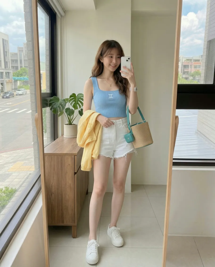 Sunny Skies: Square-Neck Ribbed Tank & White Denim Shorts
