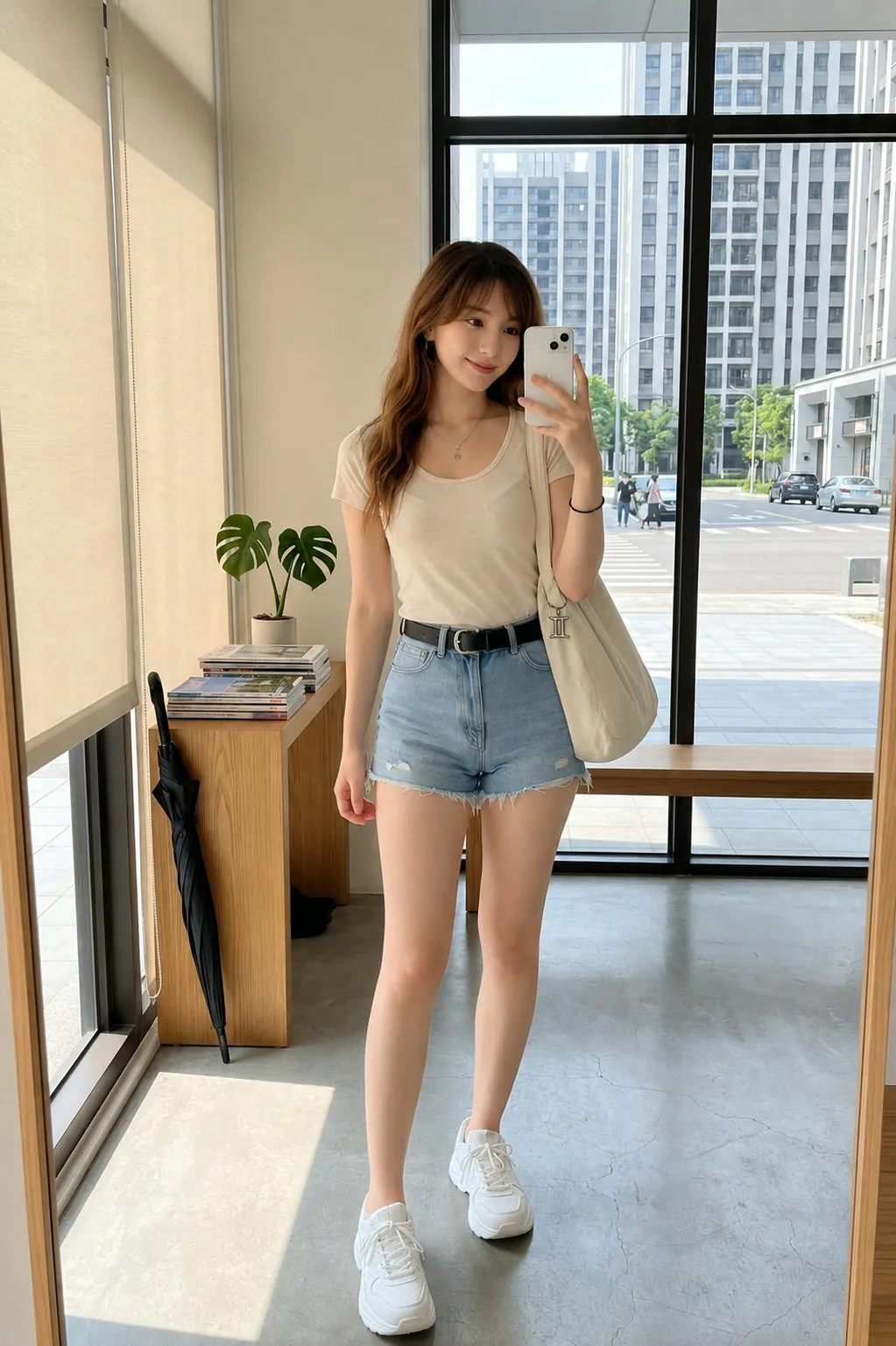 Pure Simplicity: Oatmeal U-Neck Tee & Belted Denim