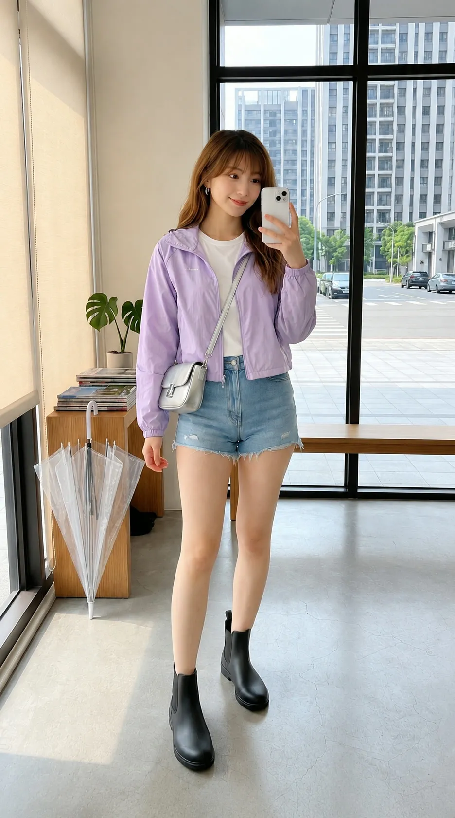 Sweet & Edgy: Lilac Windbreaker & Matte Black Chelsea Rain Boots