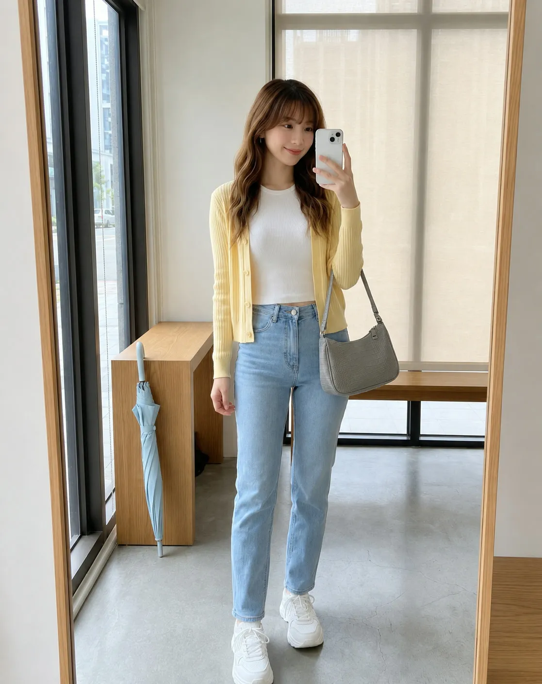 Soft Sunshine: Butter Yellow Ribbed Cardigan & Grey Croc Bag
