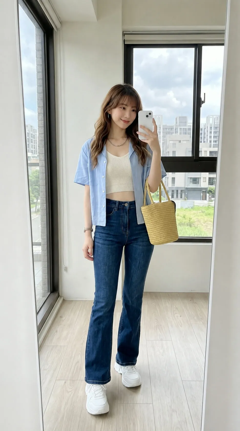 Retro Street Vibe: Sky Blue Camp Shirt & Flare Denim