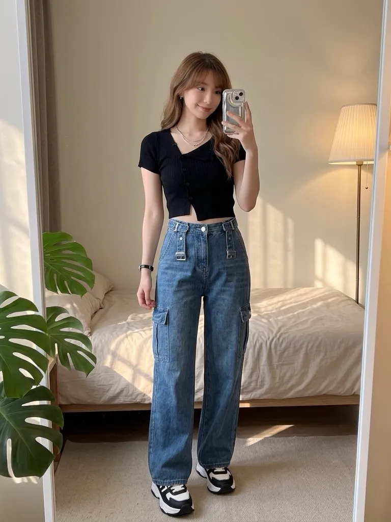 Chic Gemini Retro Outfit: Asymmetric Knit & Wide-Leg Cargo Denim