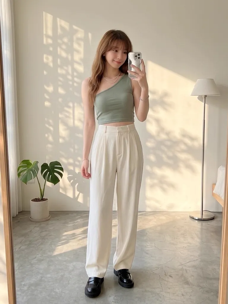 Sage Green One-Shoulder Chic: Cream Wide-Leg Elegance