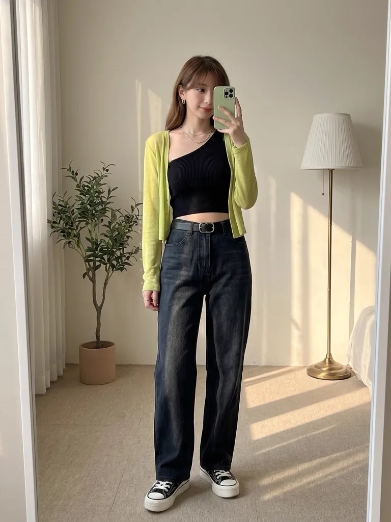 Lime Green Sheer Cardigan & Dark-Wash Wide-Leg Denim