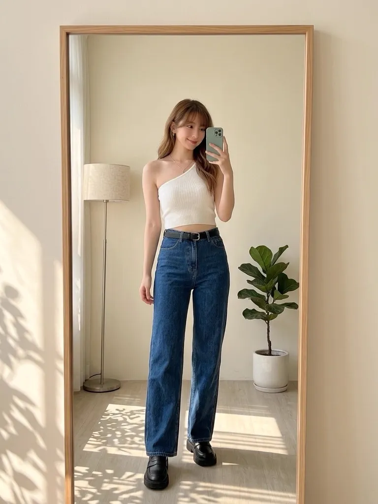 White One-Shoulder Knit Tank & Deep Blue Straight Denim