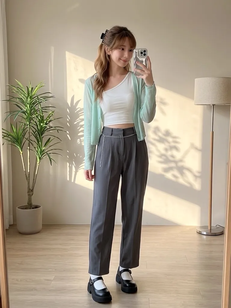 Sheer Mint Green Cardigan & Charcoal Tailored Trousers