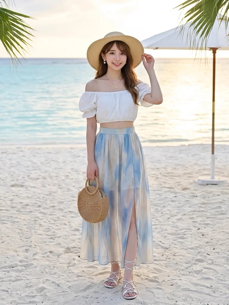 French Off-Shoulder Crop Top & Watercolor Chiffon Maxi Skirt at the Beach