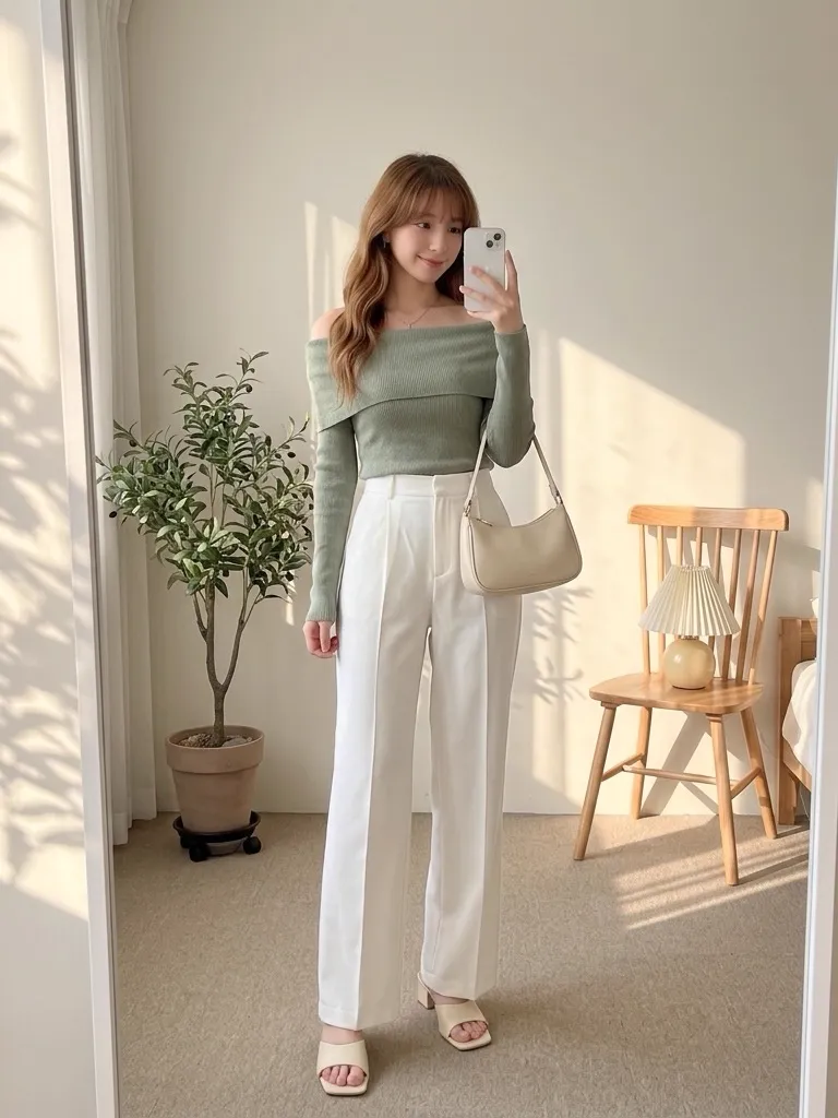 Sage Green Off-the-Shoulder Knit & White Wide-Leg Trousers