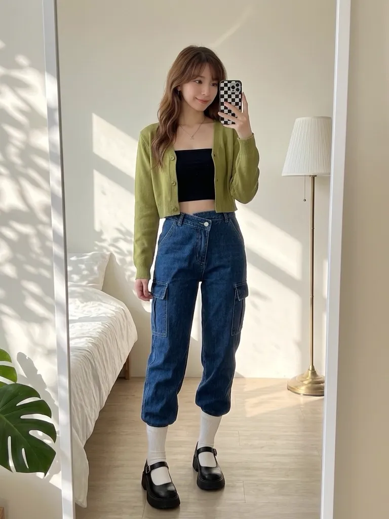 Avocado Knit Cardigan & Utility Denim with Chunky Mary Janes