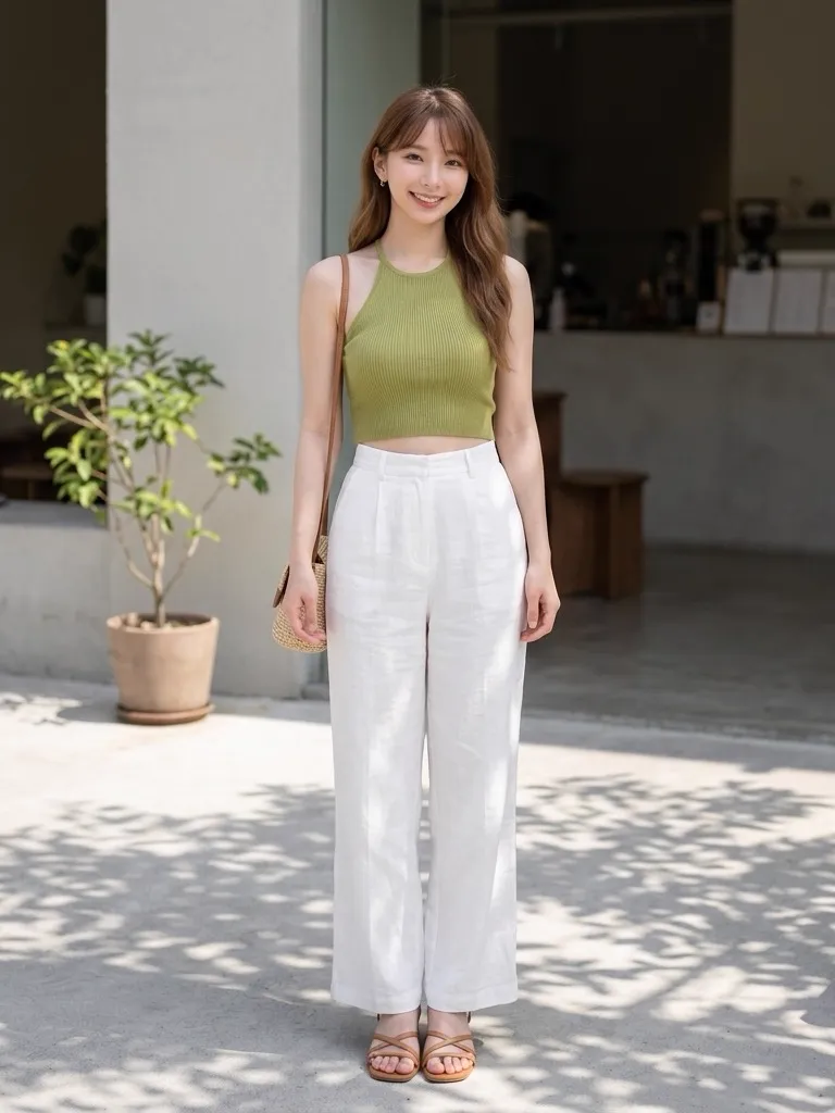 Avocado Green Halter Neck Crop Top & White Wide-Leg Linen Trousers