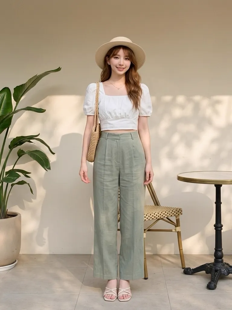 French Puff-Sleeve Blouse & High-Waisted Sage Green Linen Trousers