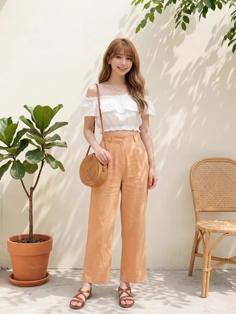 Off-Shoulder Ruffle Top & Apricot Cotton-Linen Trousers