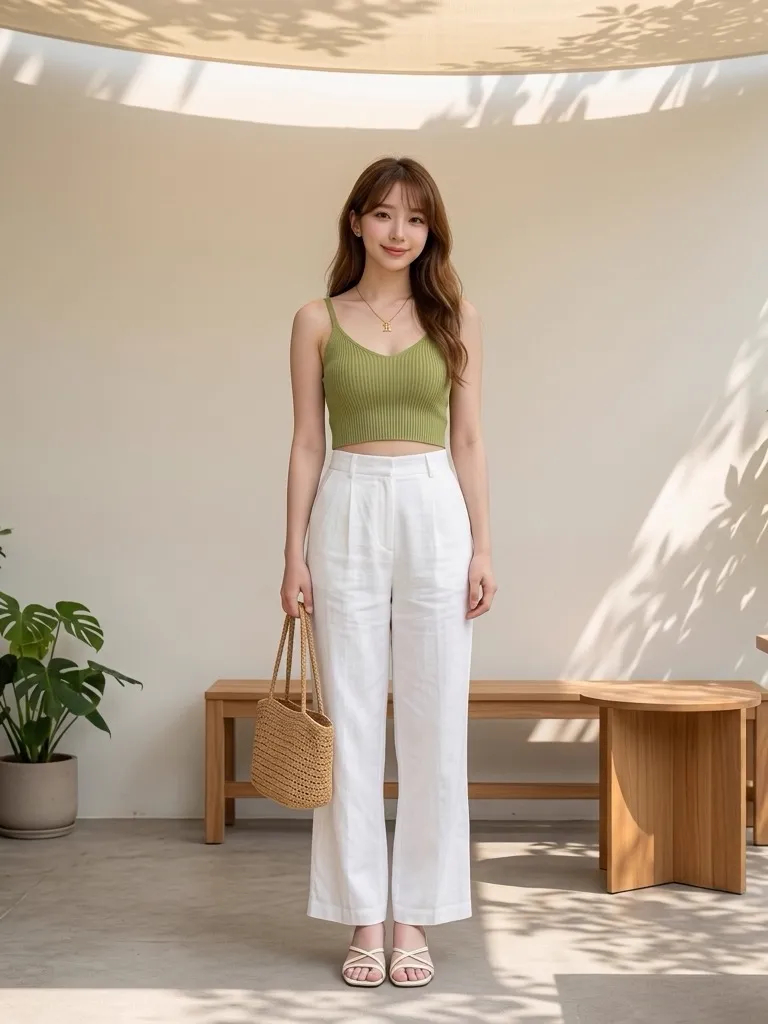 Avocado Green Ribbed Camisole & Crisp White Linen Trousers