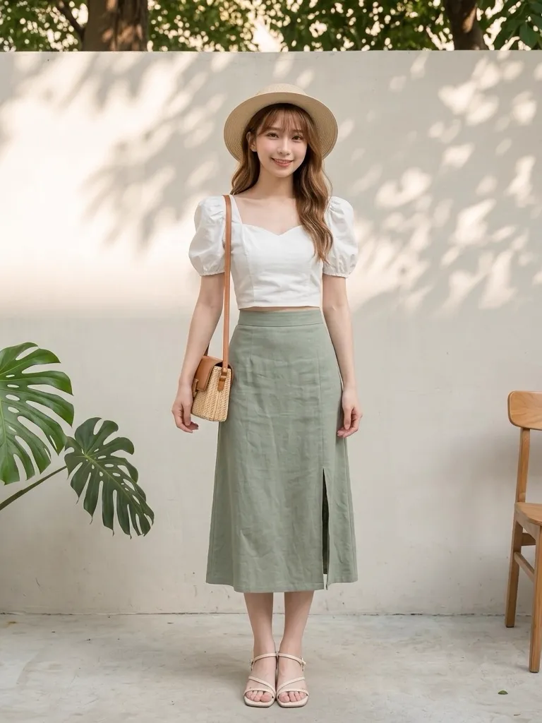 Puff-Sleeve Sweetheart Top & Sage Green Slit Midi Skirt