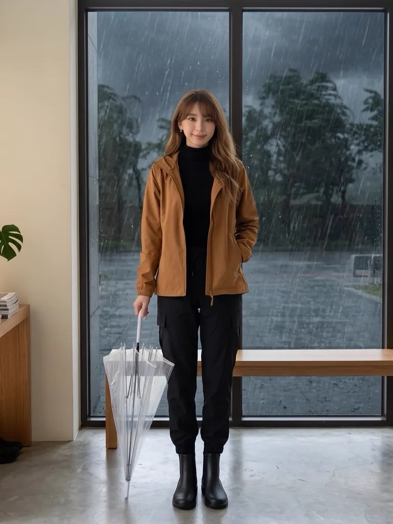 Caramel Water-Resistant Hooded Windbreaker & Black Cargo Pants