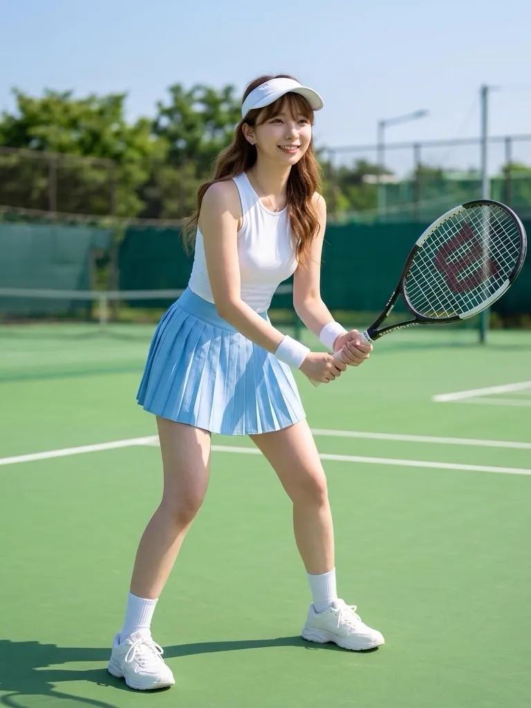 Sunny Tennis Court Vibe: White Athletic Top & Sky Blue Pleated Skirt
