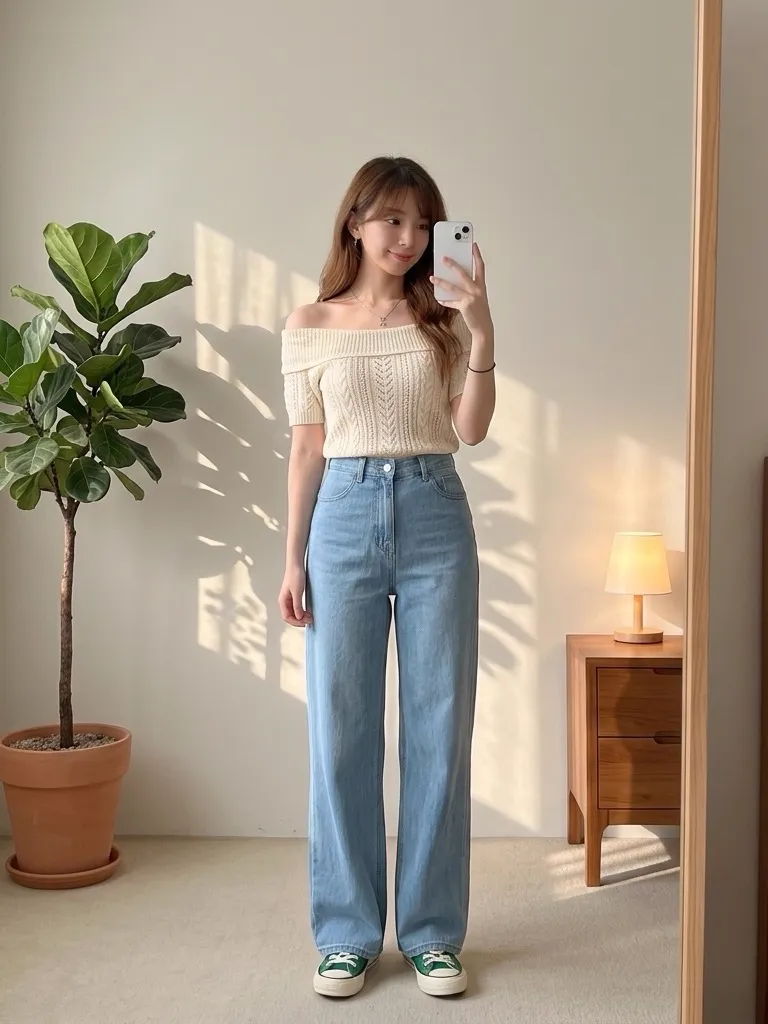 Cream Off-Shoulder Knit & Light Blue Denim: Gentle Summer Afternoon