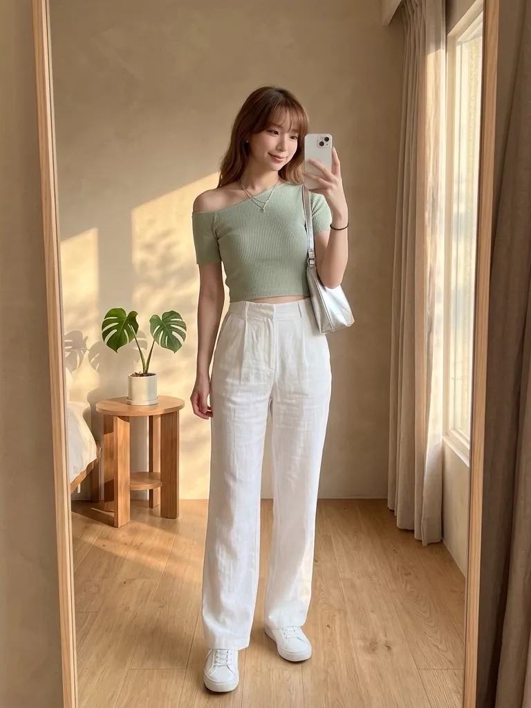 Sage Green Asymmetric Knit & White Linen Pants: Fresh Mid-Summer Charm