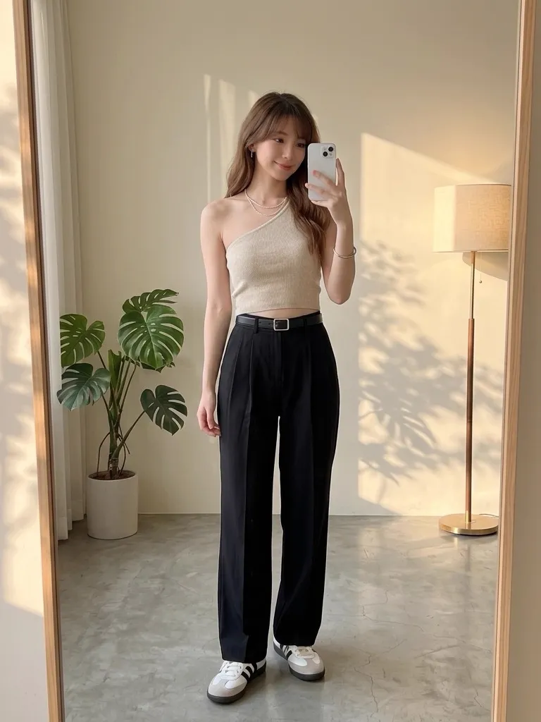 Oatmeal Asymmetric Knit & Black Pleated Trousers: Modern Minimalist Sophistication