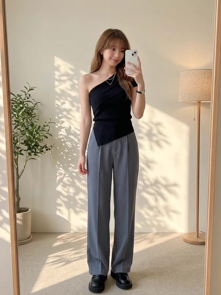 Chic Asymmetric Knit & Slate Gray Wide-Leg Trousers