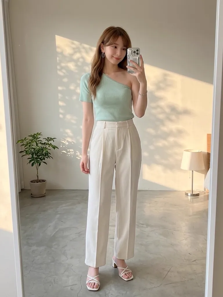 Pastel Mint Knit Top & Off-White Pleated Trousers