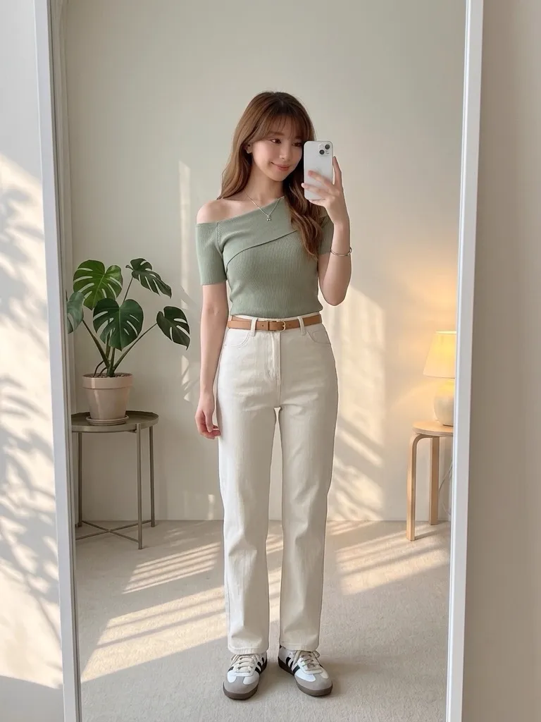 Sage Green Off-Shoulder Knit & Retro German Trainers