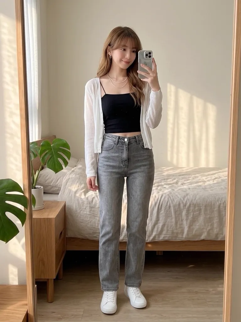 Sheer Knit Cardigan & Washed Grey Straight Jeans
