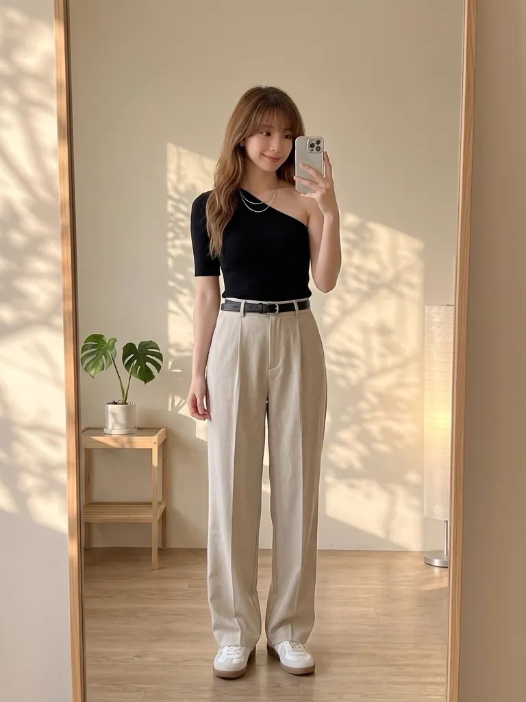 Black One-Shoulder Knit & Oatmeal Wide-Leg Trousers