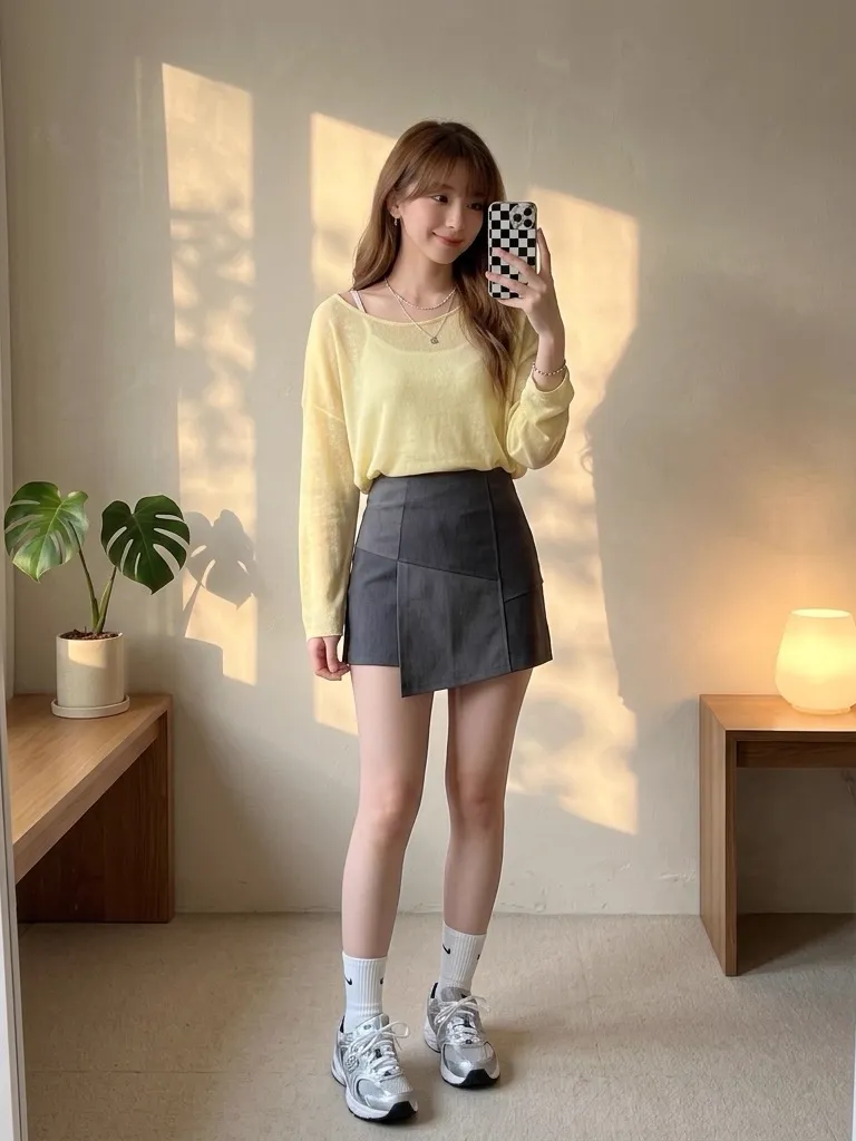 Sheer Light Yellow Knit & Charcoal Asymmetric Mini Skirt