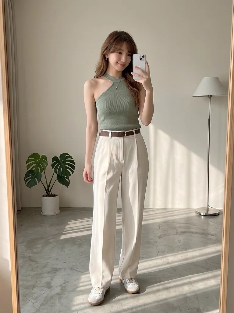 Sage Green Halter Knit & Off-White Drape Wide Trousers
