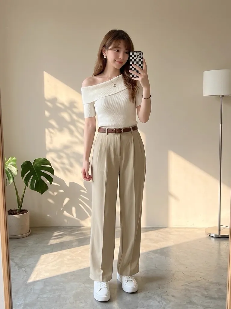 Off-the-Shoulder Cream Knit & Light Khaki Wide Trousers