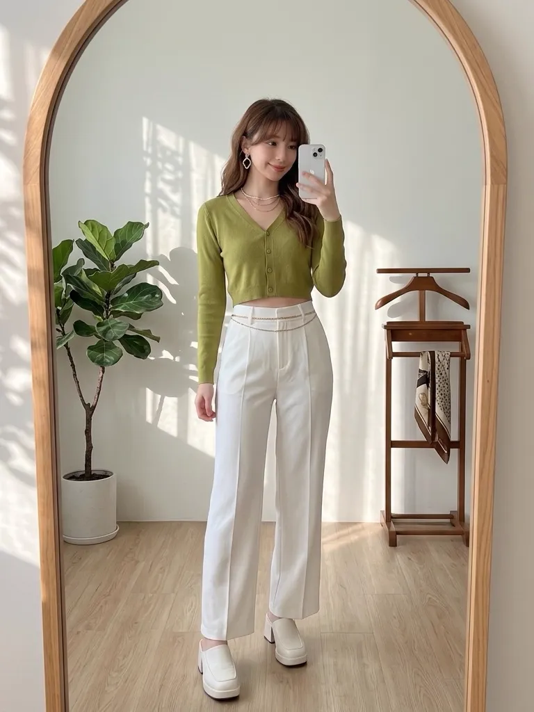 Avocado Green Knit Cardigan & High-Waisted White Trousers