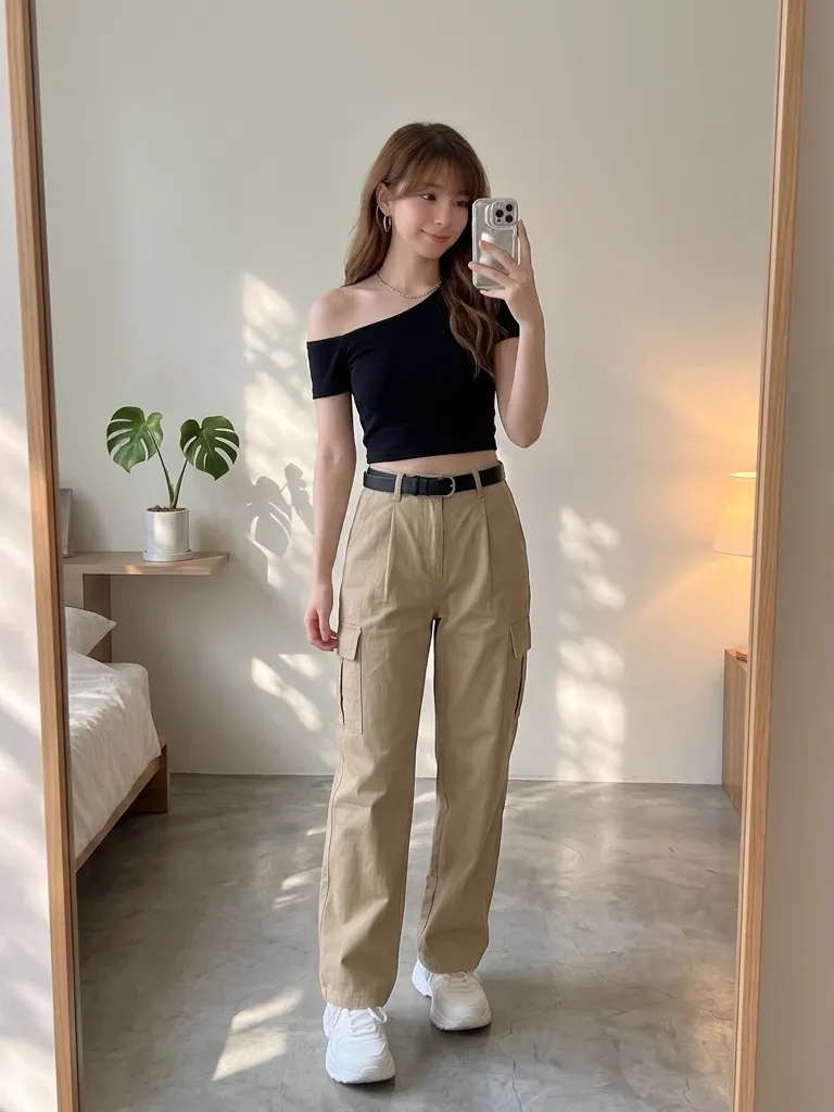 Black Asymmetrical Off-Shoulder Crop Top & Khaki Cargo Pants