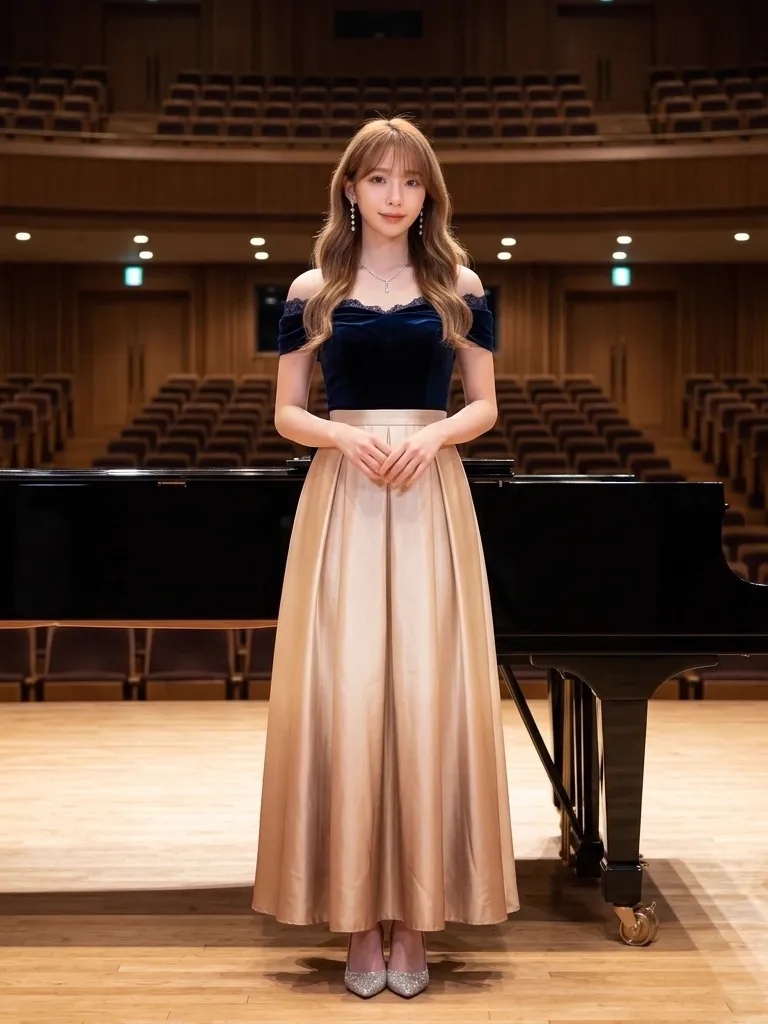 Midnight Navy Velvet Concert Blouse & Champagne Gold Satin Skirt