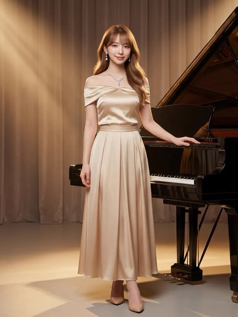 Champagne Gold Satin Off-Shoulder Top & Pleated Maxi Skirt