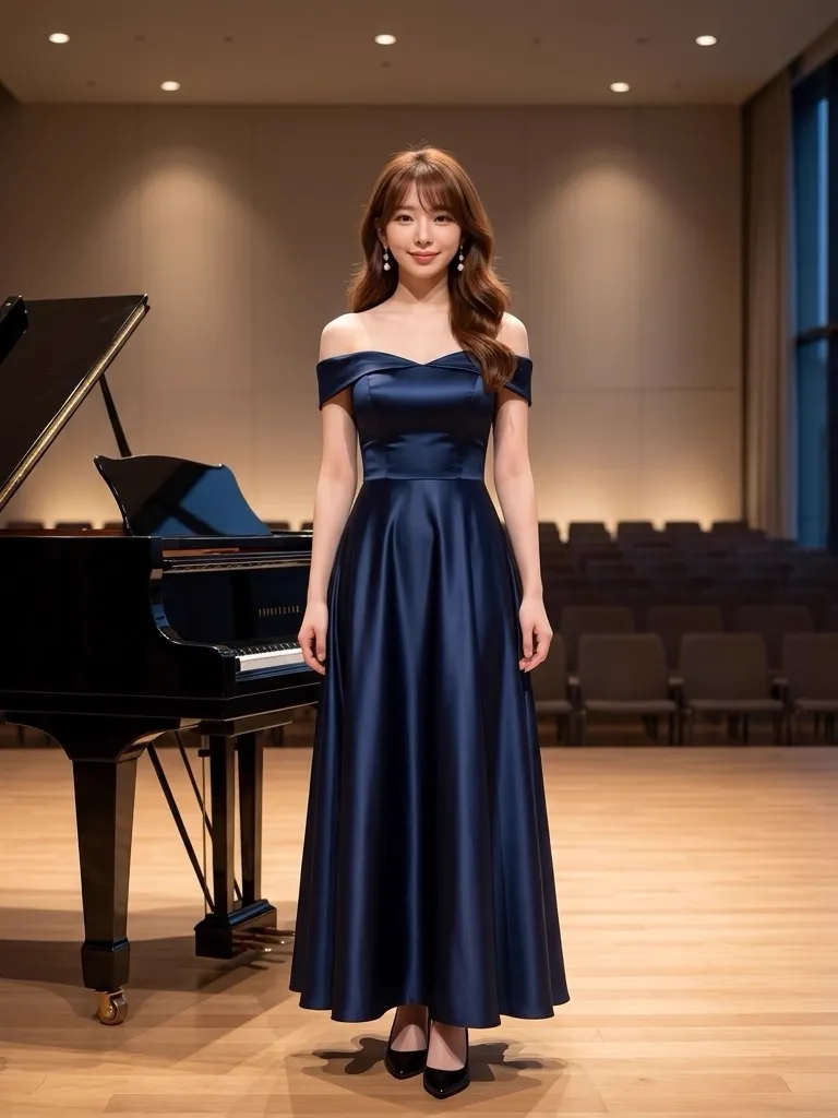 Midnight Blue Satin Off-Shoulder Gown: Concert Hall Elegance