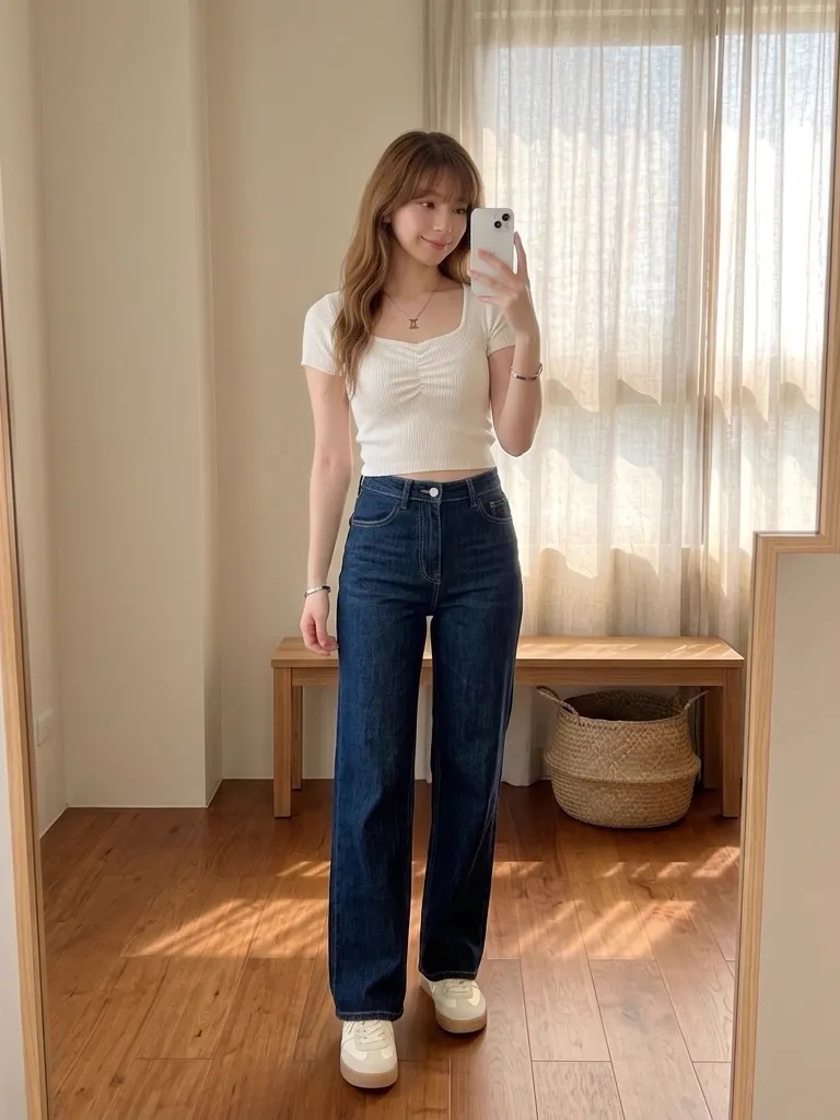 White Square-Neck Crop Top & Dark Indigo Denim Jeans