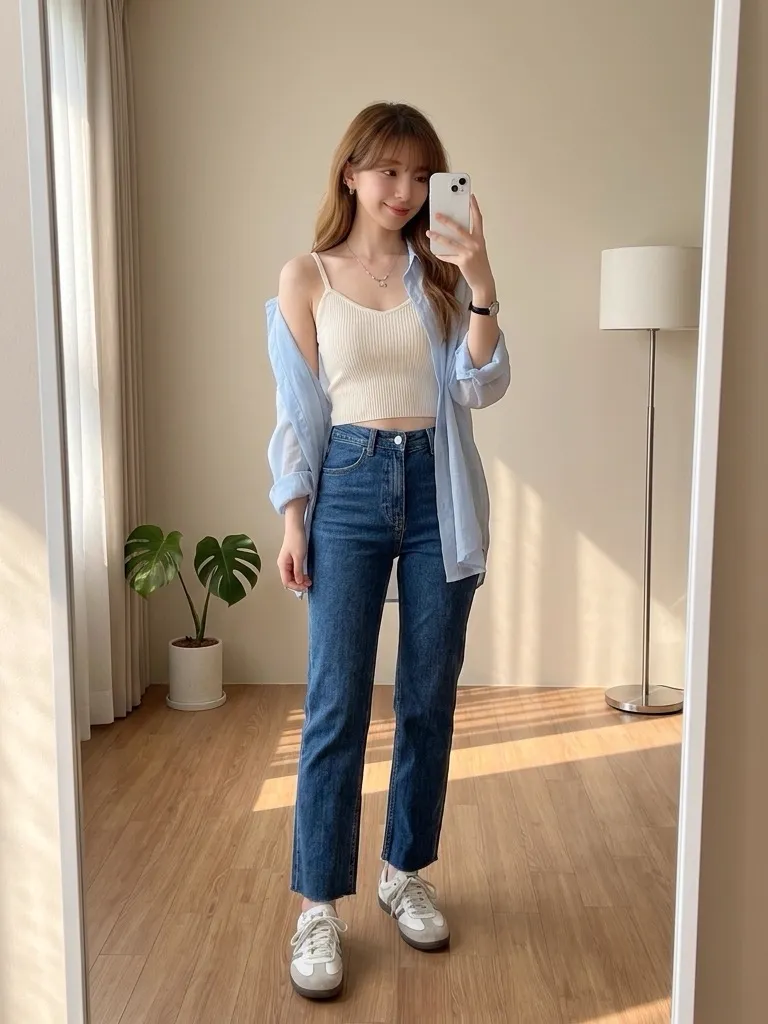 Sky Blue Sheer Shirt & Ribbed Knit Camisole: Sunny Bedroom Look