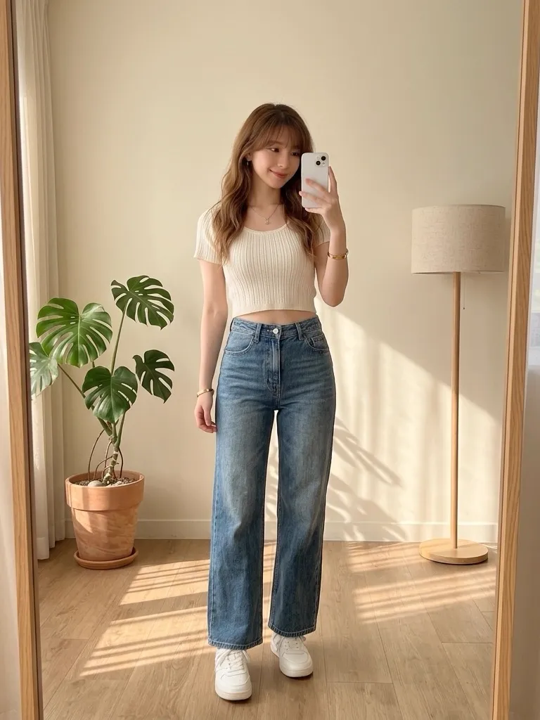 Off-White Cropped Ribbed Knit with Vintage Wide-Leg Jeans