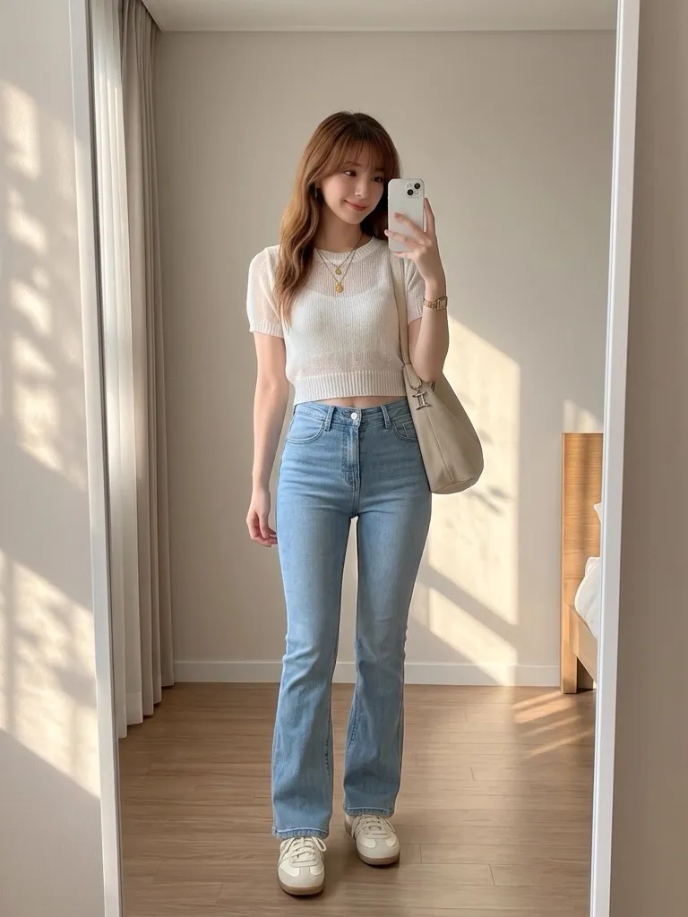 Pearl White Knit Top & Light Blue Flare Jeans