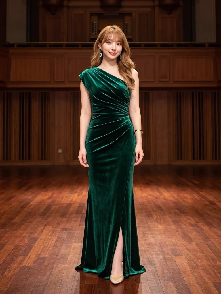 Emerald Silk Velvet Gown: Regal Concert Hall Presence