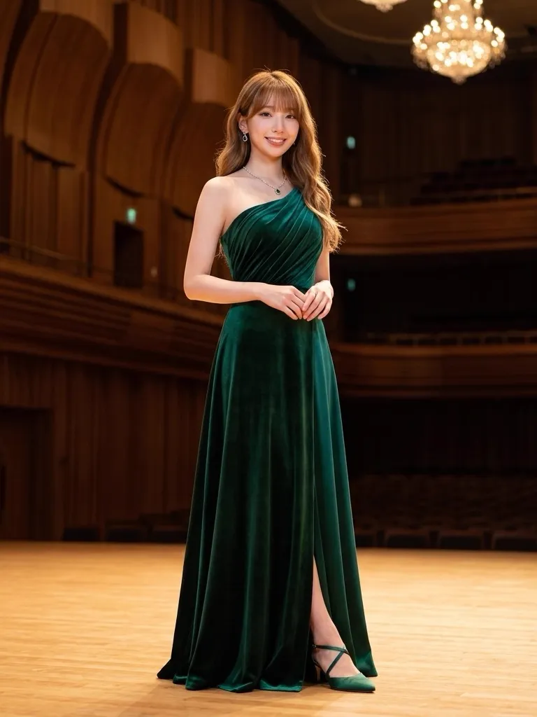 Emerald Origami Velvet Gown: Contemporary Concert Stage Radiance