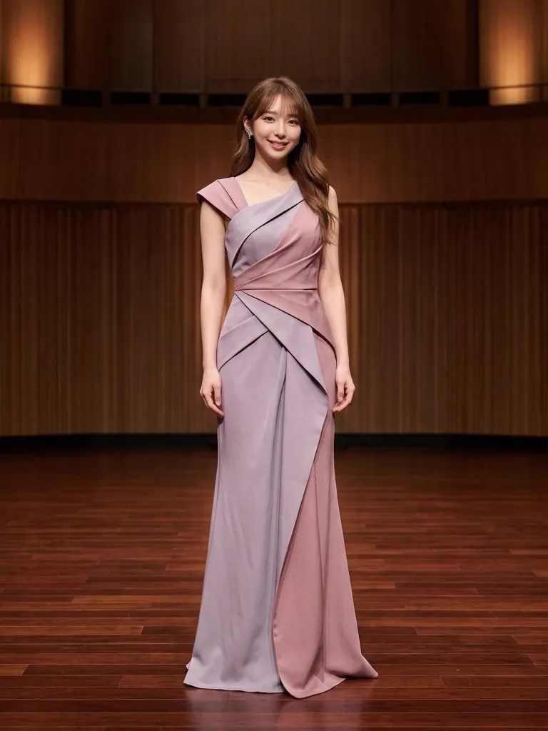 Sculptural Muted Lilac & Dusty Rose Silk-Crepe Stage Gown