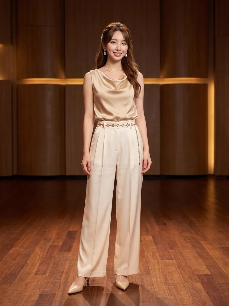 Champagne Silk Cowl Top & Ivory Pearl Wide-Leg Trousers