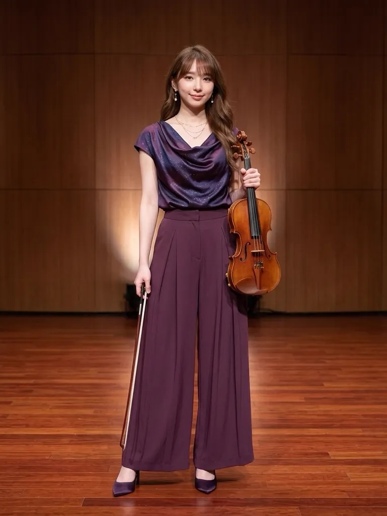 Starry Violet Draped Silk Blouse & Royal Plum Wide-Leg Trousers