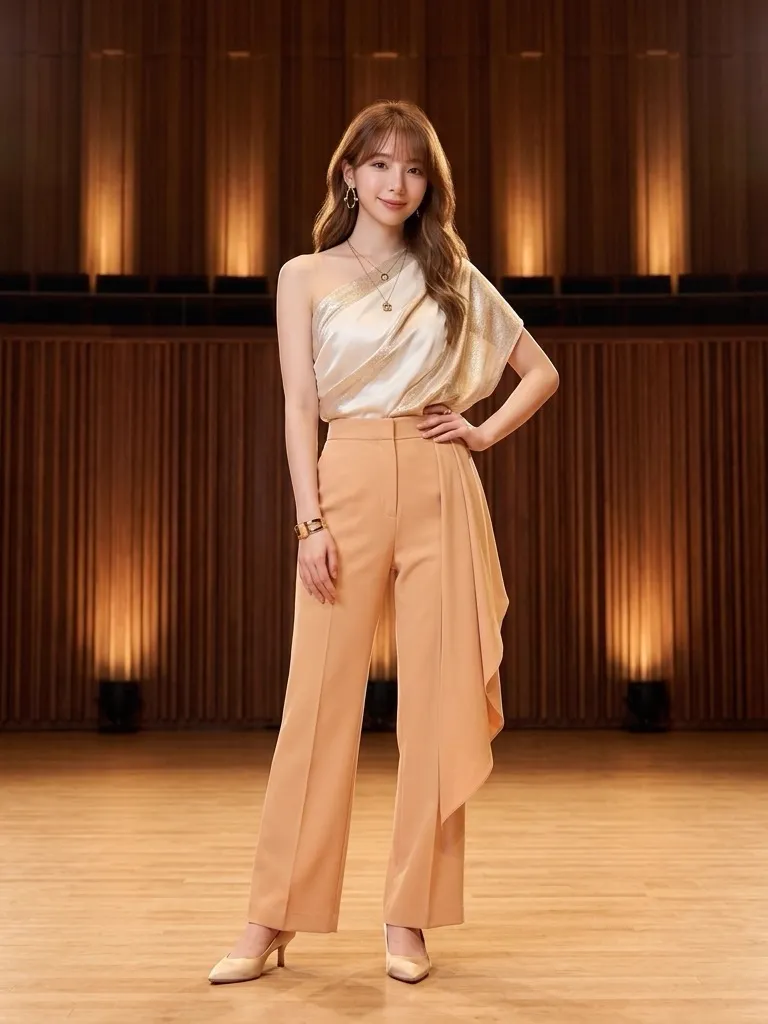 Asymmetric Pearl Silk Satin Top & Warm Apricot Trousers