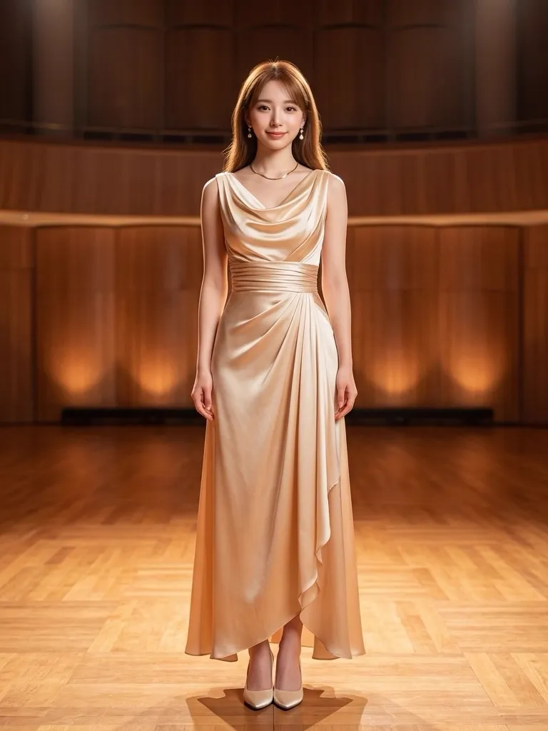 Champagne Gold Fluid Satin Cowl-Neck Gown