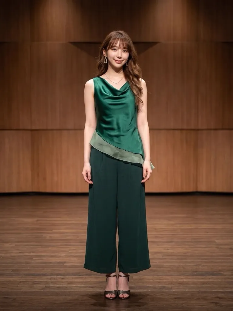 Emerald Silk-Satin Asymmetric Bodice & Sage Palazzo Pants
